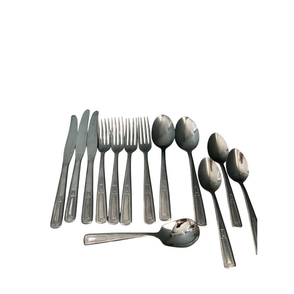 13 pcs Imperial Lady Hubbard ? Greek Key ? Pattern Stainless Steel Vintage USA